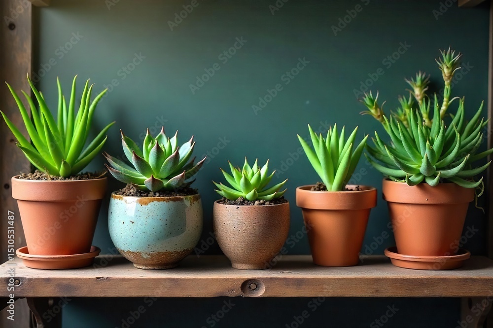 Fototapeta premium A thoughtfully curated arrangement of potted succulents and air plants, displayed on a rustic wooden shelf, embodies the concept of gifting life and sustainable living , botanical, sustainable