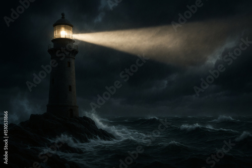 Lighthouse guiding through stormy sea at night – safety, navigation and hope in dark weather concept