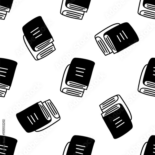 Seamless pattern with books are stacked one on top of the other. World Book Day. Vector black and white illustration. Reading, studying, science. Doodle style hand drawn print. White background