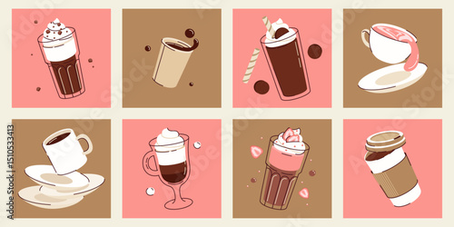 Set of coffee cup cute posters, banners, different tipes of drinks