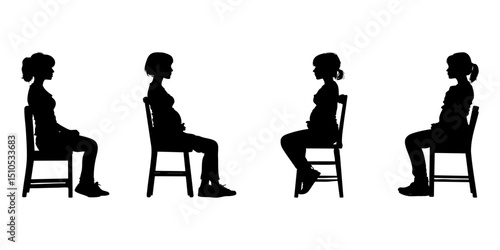 Seated Pregnant Women Silhouette Icon Set. Maternity, Relaxation, And Posture Reference Symbol Collection. Healthcare And Parenting Visuals. Isolated Vector Illustration