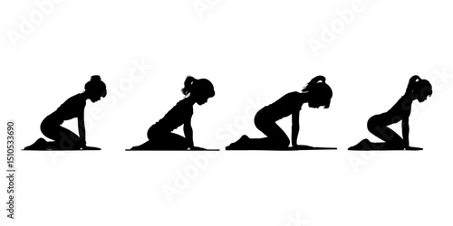 Yoga Poses Silhouette Icon Set. Cat-Cow Pose Sequence Solid Symbol Collection. Health And Wellness Visuals For Fitness And Posture Guides. Isolated Vector Illustration