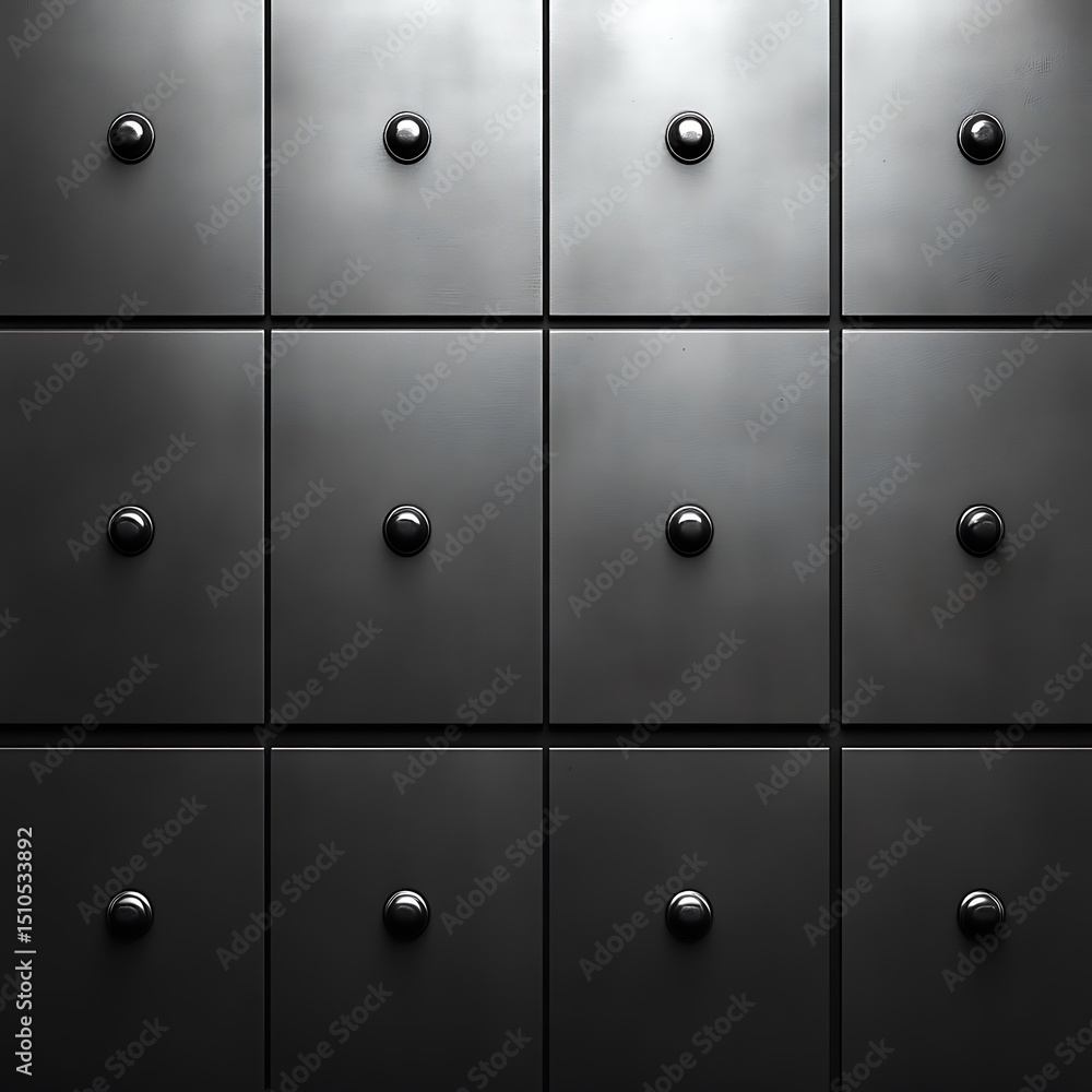 Dark, metallic, square compartments with round knobs Dark, metallic, square compartments with round knobs