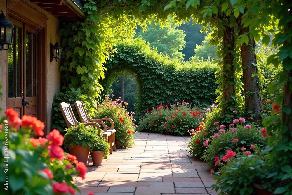 Fototapeta premium A charming and vibrant patio garden overflowing with colorful flowers and lush greenery, perfect for relaxation and outdoor enjoyment , vibrant colors, relaxation, foliage