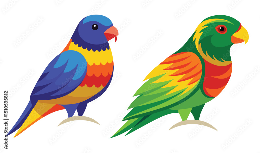 Fototapeta premium Illustration of Two Colorful Lorikeets Blue, Yellow, Orange and Green Feathered Birds