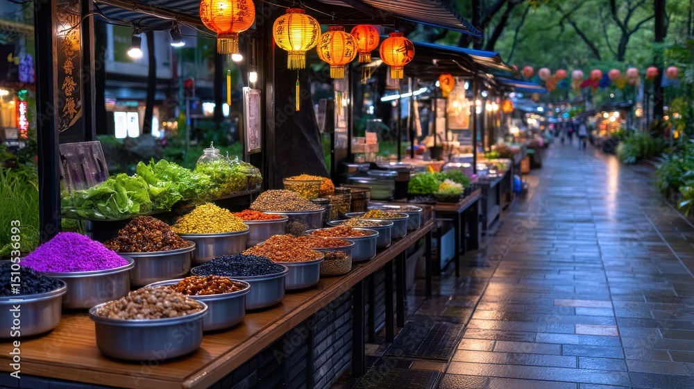 Fototapeta premium Street food stalls lined up along a pathway, lit by lanterns