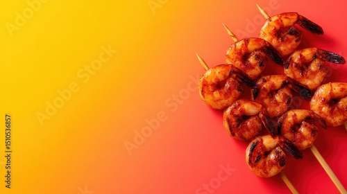 Grilled shrimp skewers arranged on a vibrant gradient background, perfect for culinary promotions
