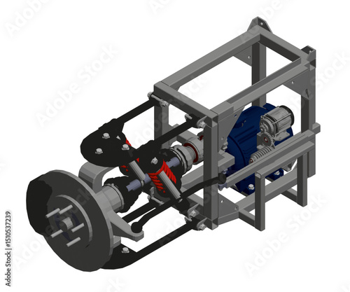 A mechanical device with a blue motor and a black wheel. The device is made of metal and has a grey color