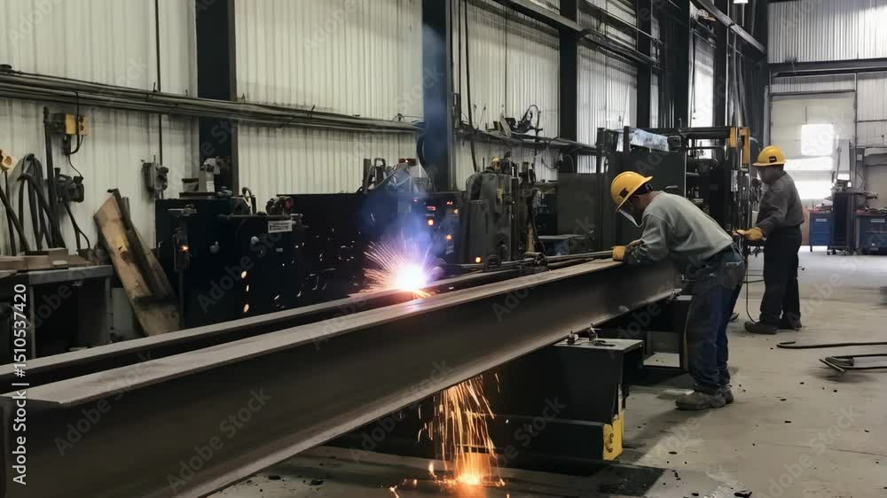 Two welders working on a large metal beam in a factory, sparks flying. Two welders working on a large metal beam in a factory, sparks flying.