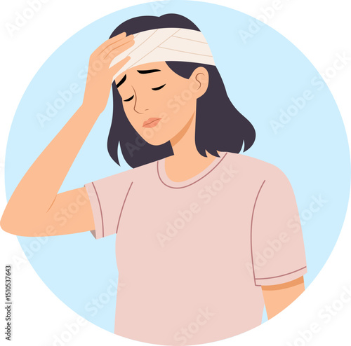 Illustration of a woman with a headache, head injury and pain.