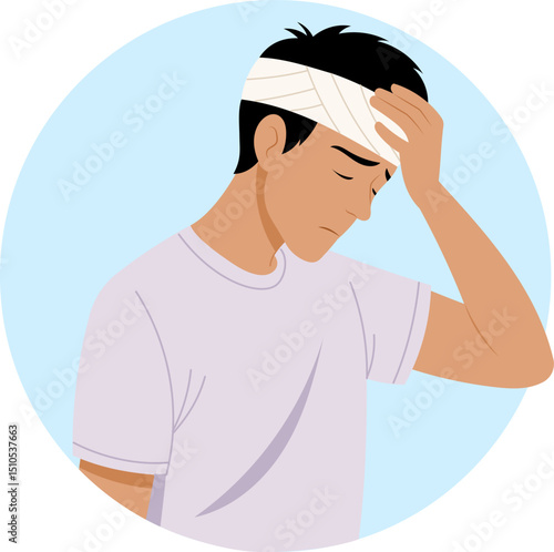 Illustration of a man with a headache, head injury and pain.