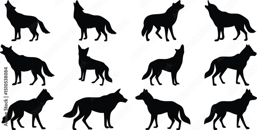 Fototapeta premium Wolf silhouette vector pack: howling, standing, walking, and running wolf silhouettes art