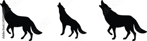 Three howling wolf pack silhouette vector illustration wild animal design element graphic art