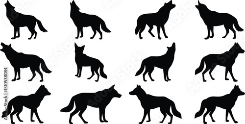 Wolf silhouette vector pack: howling, standing, walking, and running wolf silhouettes art