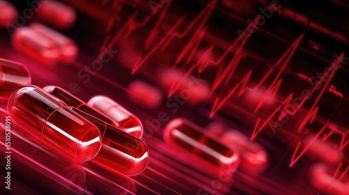 Close-up of red capsules on a reflective surface with a heartbeat line in the background