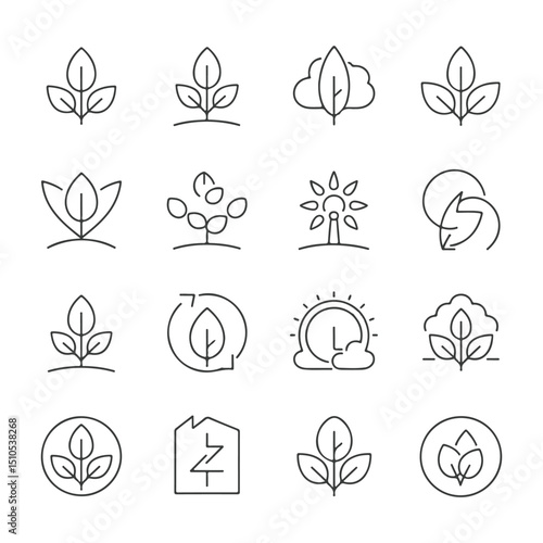 Isolated outline icons represent diverse ecology and environmental concepts on a transparent background