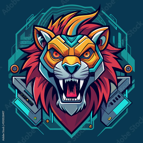 Crazy Lion head in tech  design