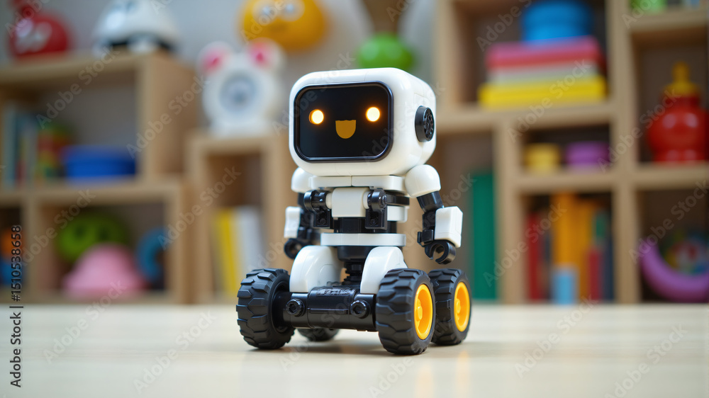 Fototapeta premium Cute Robot Toy with Wheels in Playroom