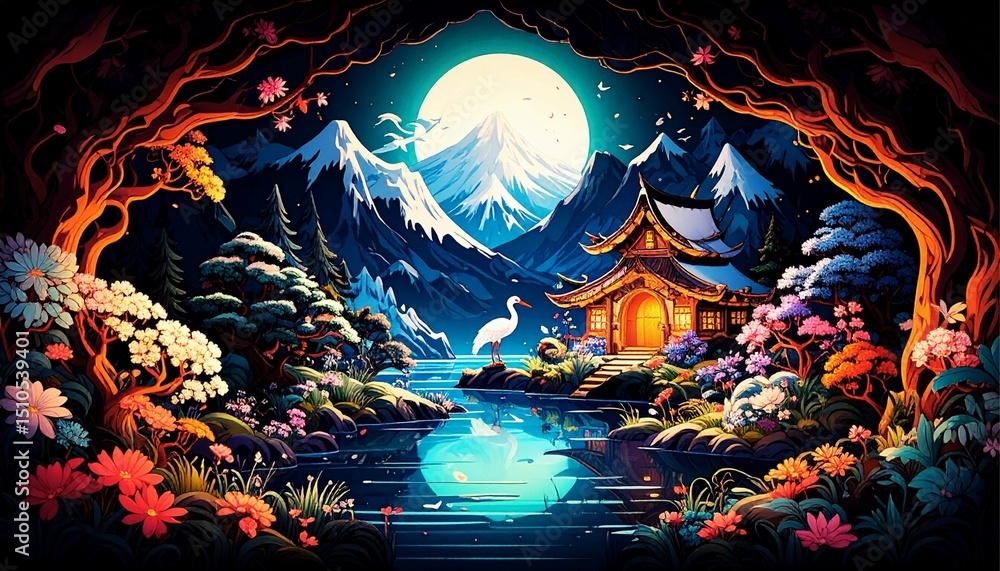 Fototapeta premium landscape, mountains in Japan, characteristic traditional Japanese house, snowy season, lake and cranes