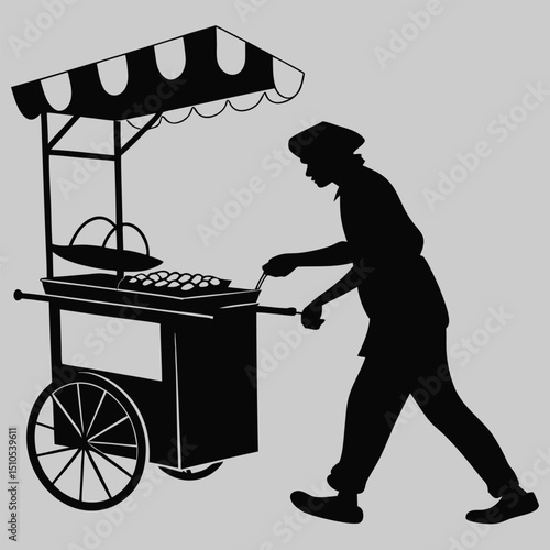 a street vendor flipping food on a grill silhouette vector design art and illustration