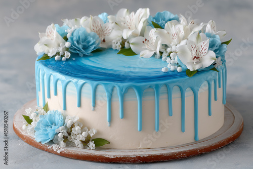 blue bithday cake with white and blue cream and chocolate souse