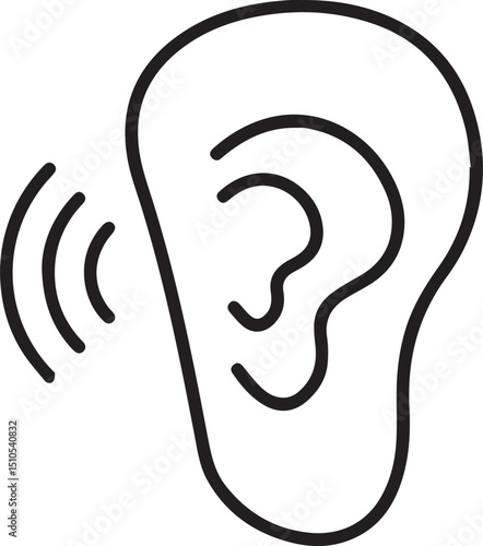 human ear, simple black and white graphic, highly stylized, hand-drawn sketch, clean lines, modern, geometric, abstract, digital illustration