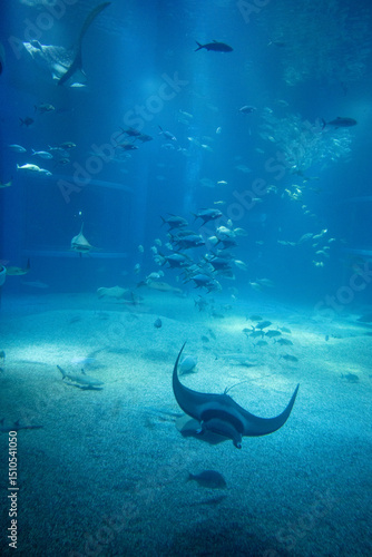 Stunning underwater view of marine animals inside the Osaka Kaiyukan Aquarium, one of the world largest aquariums. The exhibit features species like the whale shark.