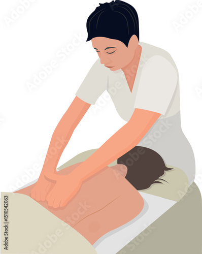 Masseur, woman with dark hair in spa, massaging woman, flat style, vector illustration