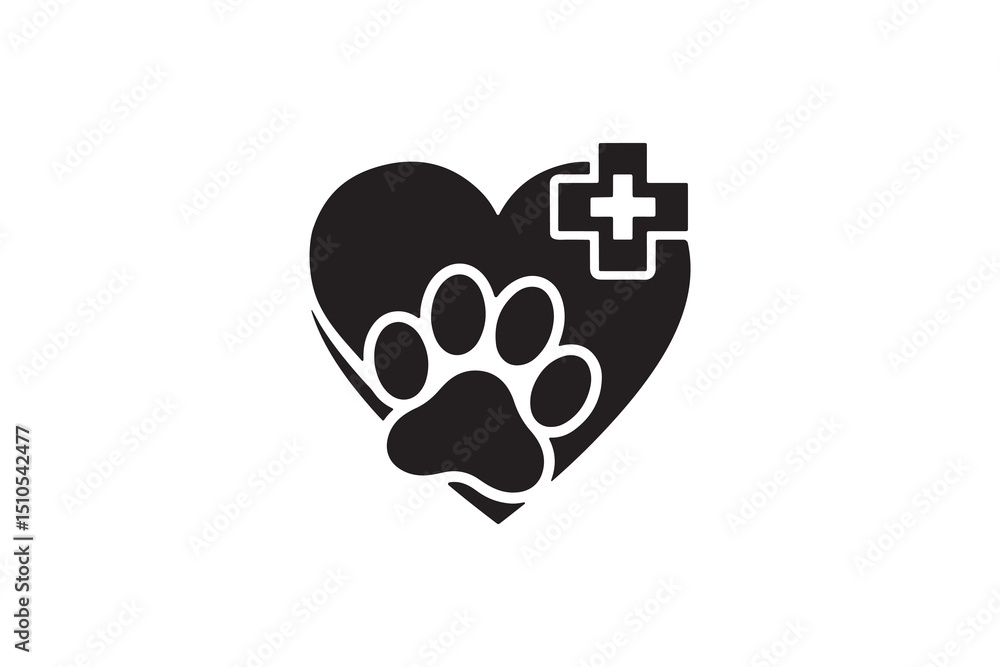 Obraz premium Pet Care Silhouette Icon with Heart and Paw Print - Paw Print Heart Vet Logo