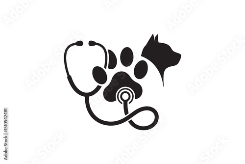 Pet Care Silhouette with Paw and Stethoscope - Veterinary Logo Illustration with Dog and Paw