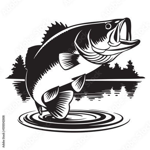 set vector Largemouth Bass Jumping Out of Water Black and White Illustration, Jumping Largemouth Bass Fish Illustration, 