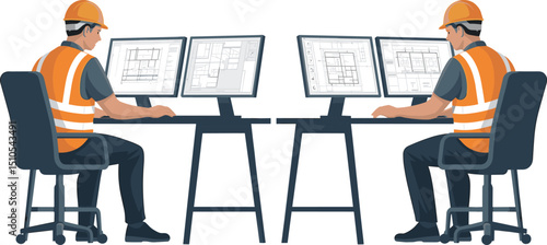 Two construction engineers working on architectural blueprints using dual computer monitors in office, wearing safety helmets and reflective vests