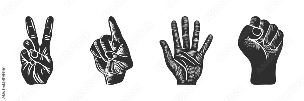 Obraz premium Hand Gesture Silhouette Set. Communication And Expression Through Hand Signs Isolated Vector Illustration Collection