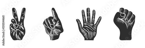 Hand Gesture Silhouette Set. Communication And Expression Through Hand Signs Isolated Vector Illustration Collection