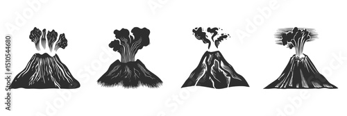 Volcanic Eruption Silhouette Set. Natural Disaster And Geology Concepts Isolated Vector Illustration Collection
