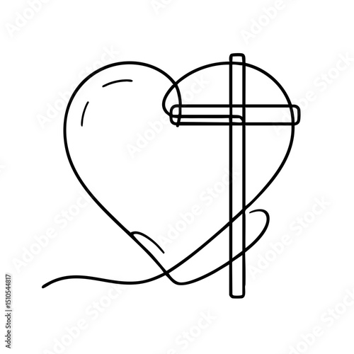 Heart symbol interconnected with a cross in minimal line art style  