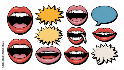 Wallpaper Mural Comic style open mouths displaying various emotions, talking and expressing thoughts through colorful speech and thought bubbles, all set against a transparent background Torontodigital.ca