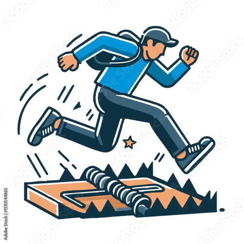 Man jumping over a spring trap in an illustrative style  