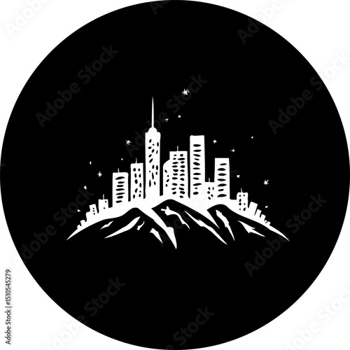 Stylized cityscape silhouette on mountain range against dark circle background
