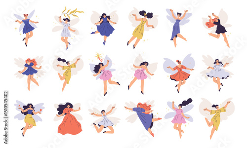 Whimsical Fairy Characters Joyfully Dancing in Colorful Outfits and Beautiful Costumes