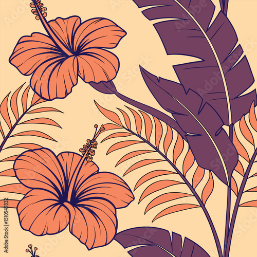 Seamless tropical sunset hibiscus floral pattern