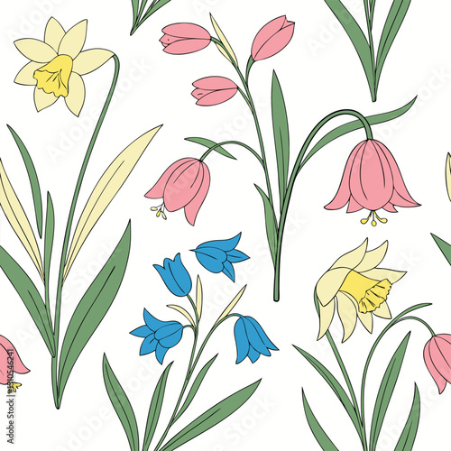 Bright spring seamless floral pattern with daffodils