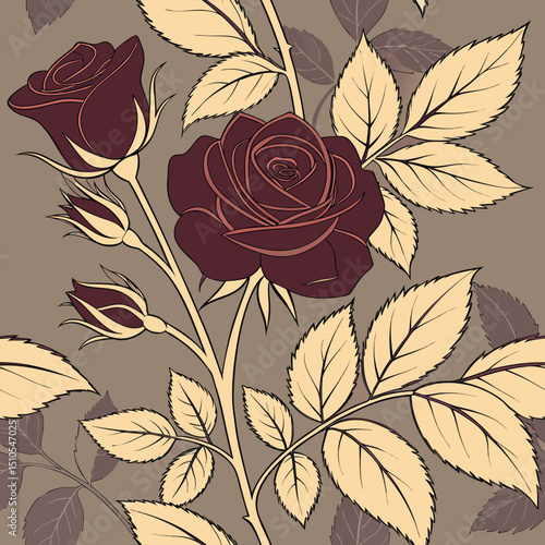 Seamless dark floral pattern with deep burgundy roses