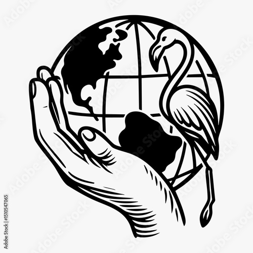 Stylized flamingo bird placed in front of outlined Earth globe representing environmental awareness. Wildlife concept
