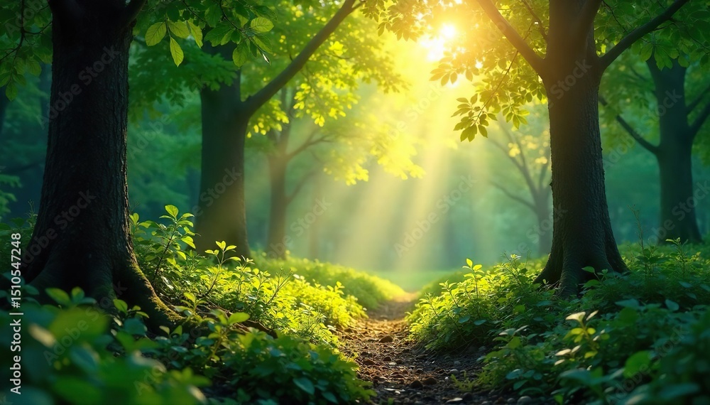 Fototapeta premium Sunlight dappling through leaves in a lush forest, illuminating the forest floor with a soft, ethereal glow Perfect for nature, environmental, and peaceful themes , fresh, nature