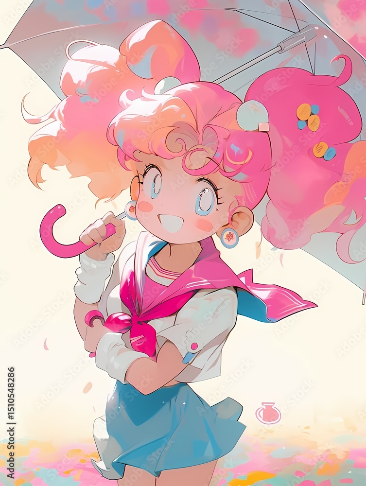 Cheerful anime character illustration, vibrant pink hair, umbrella, whimsical pastel sky, colorful flowers, cute digital art. Cheerful anime character illustration, vibrant pink hair, umbrella, whimsical pastel sky, colorful flowers, cute digital art.