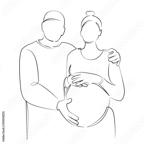 One continuous line drawing on white isolated background. Minimalism linear illustration. mother, father, husband, pregnant, expecting, love, family, care, hug, birth
