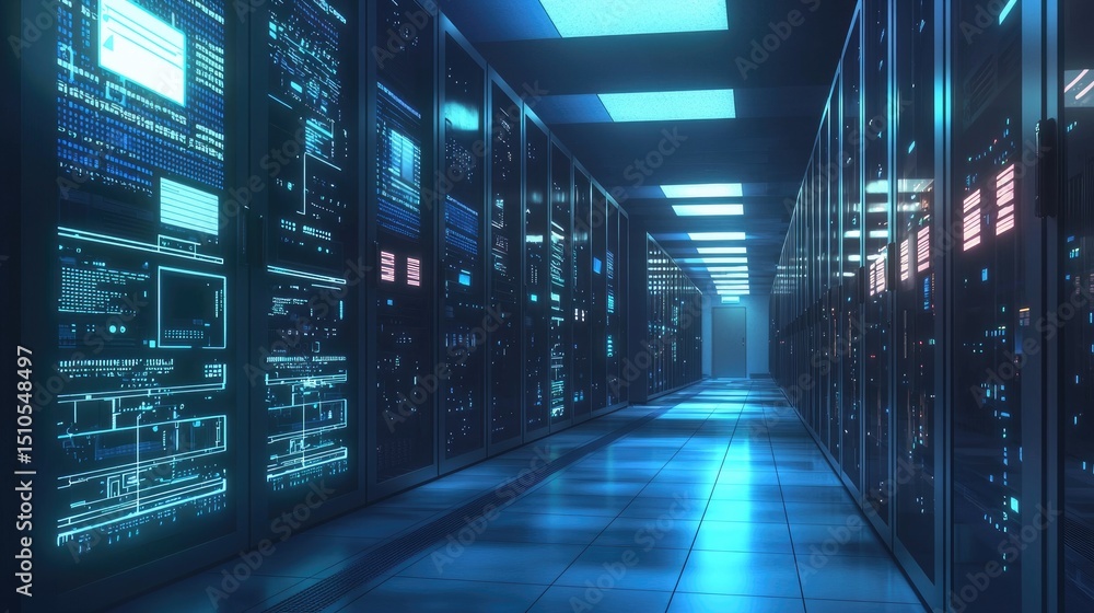 3D render of a brightly lit data center aisle with transparent server doors and vivid blue digital interface graphics, ideal for illustrating cloud computing and IT infrastructure 3D render of a brightly lit data center aisle with transparent server doors and vivid blue digital interface graphics, ideal for illustrating cloud computing and IT infrastructure
