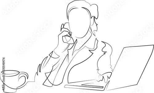 One continuous line drawing on white isolated background. Minimalism linear illustration. businesswoman, office, person, business, computer, woman, working, phone, laptop, talking