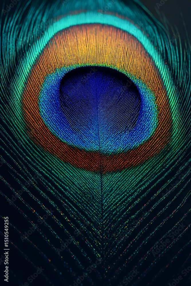 Obraz premium Peacock Feather: Close-up view of vibrant peacock feather, the intricate patterns and radiant colors in all its glory, capturing the delicate beauty of nature's design.